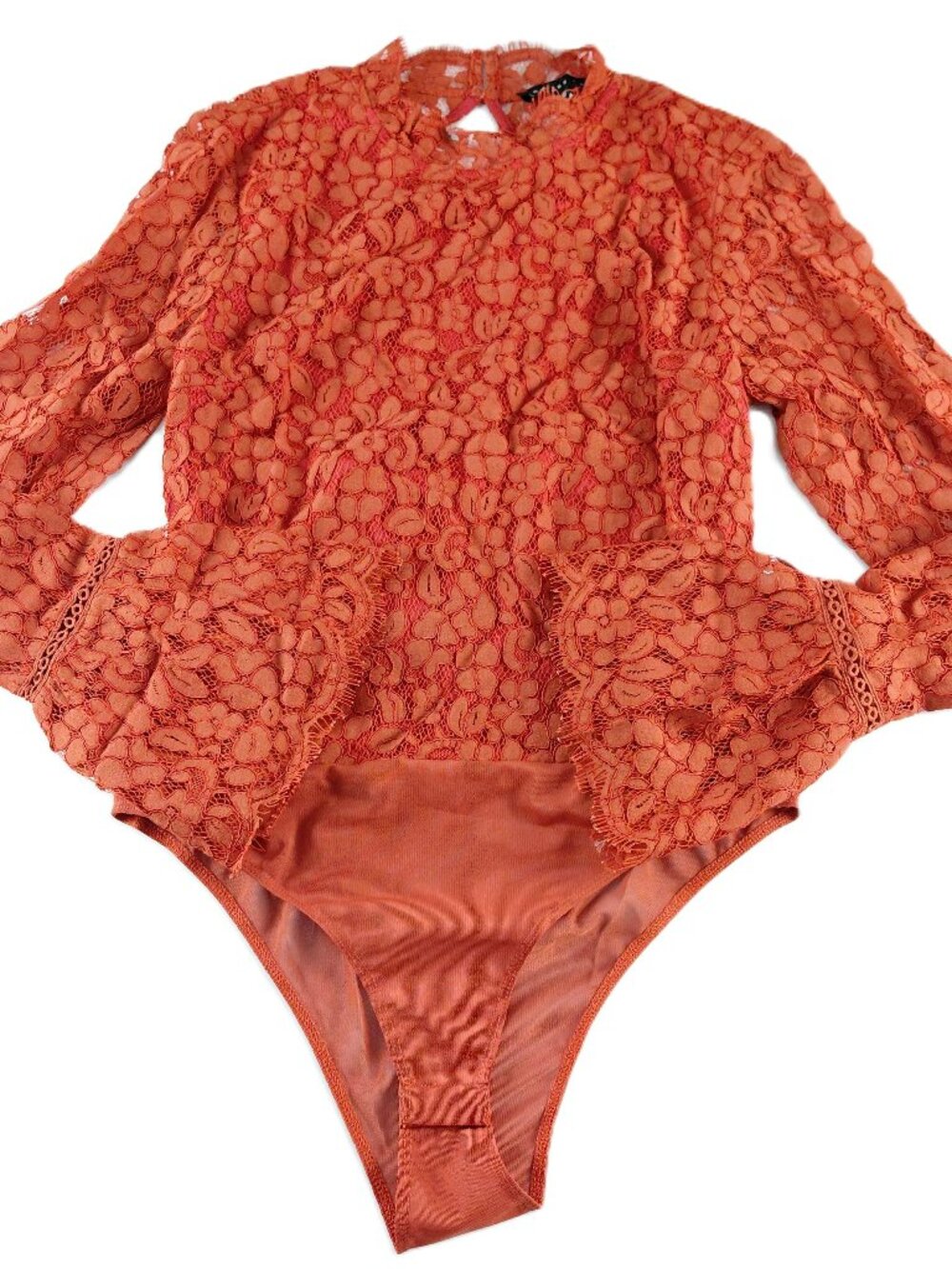 Endless Rose Lace Overlay Cut Back Bodysuit Women's M Rust Brown Flared Sleeve